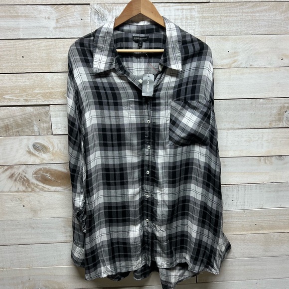 Lane‎ Bryant Plaid Button Up Top Womens 26 Black White Long Roll Tab Sleeves New - Picture 1 of 7